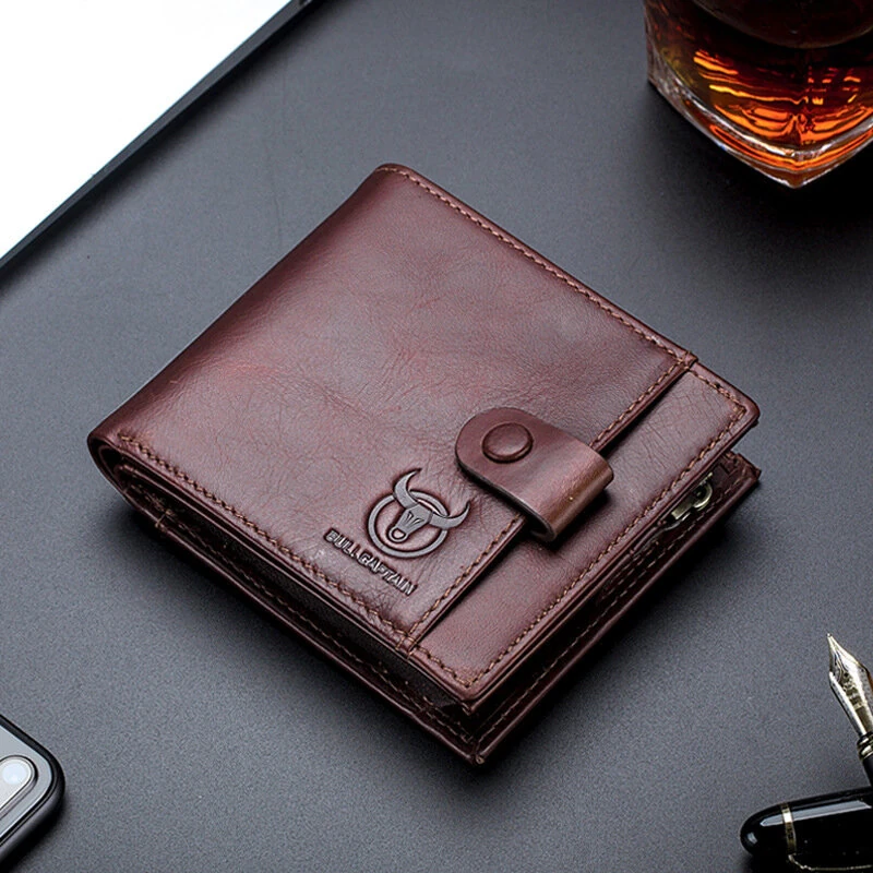 (image for) BULLCAPTAIN Genuine Leather Men Short Wallet Casual Business Clutch Male Coin Purse Hasp Zipper Card Holder Money Clip