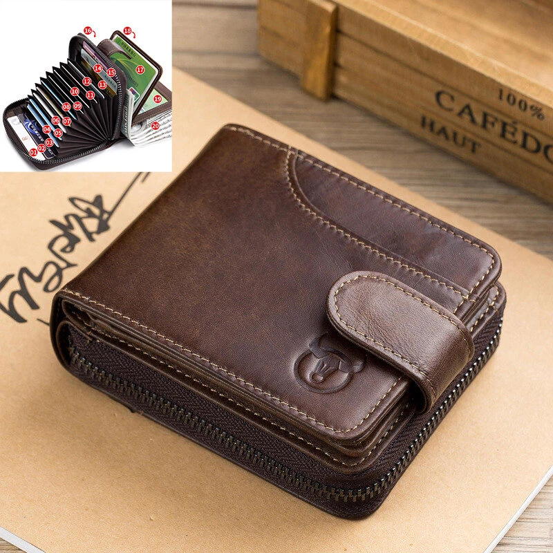 (image for) BULLCAPTAIN Genuine Leather Mens Zipper Wallet RFID Blocking Short Wallet Vintage Multi-card Holder Secure Coin Purse Compact Design Money Clip Stylish