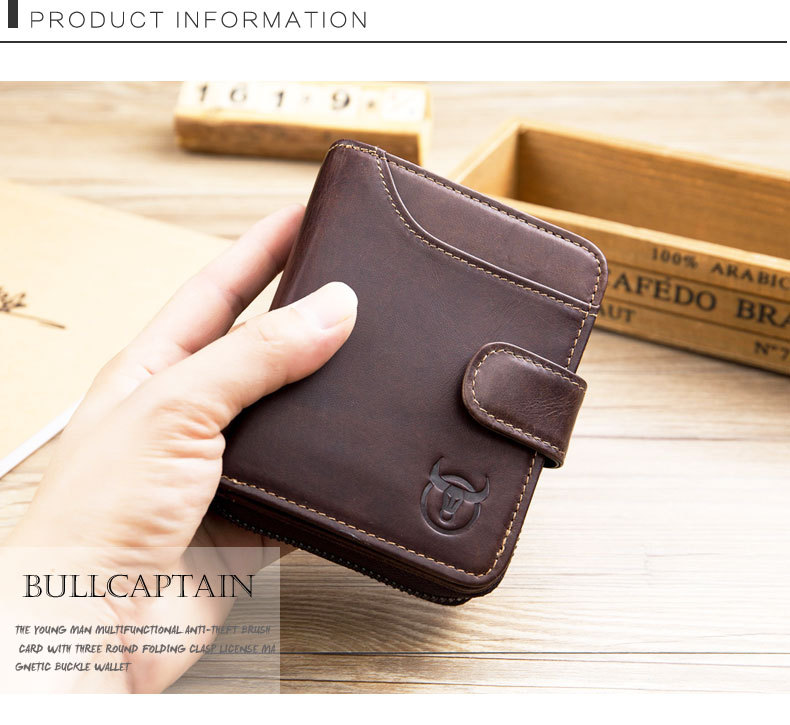 BULLCAPTAIN-Genuine-Leather-Mens-Zipper-Wallet-RFID-Blocking-Short-Wallet-Vintage-Multi-card-Holder--2019305