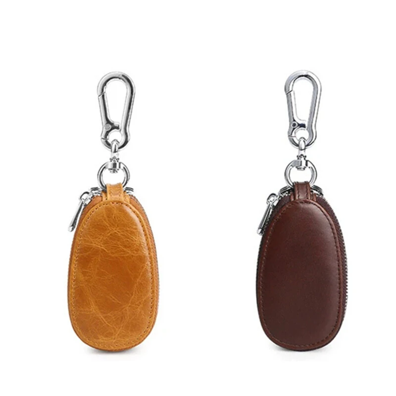 (image for) Ekphero Men Genuine Leather Mini Car Key Case Minimalist Zipper Key Holder Storage Bag for Men Double Layer Key Slot Bag with Key Chain
