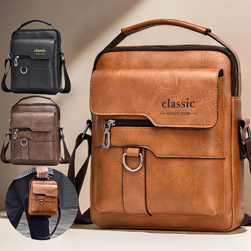 (image for) Men's Fashion PU Leather Shoulder Bag, Large Capacity Retro Business Crossbody Bag For Men Handbag Messenger Bag Waist Bag Office Use Bag Casual Day Bag, Multi-pocket Large Capacity, Waterpro